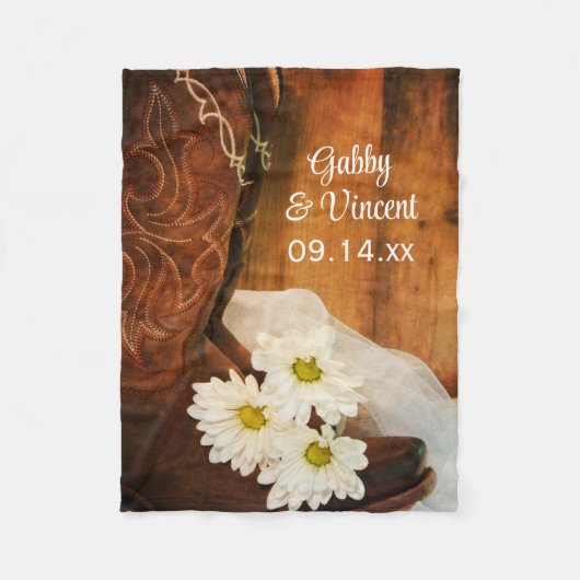 ホワイトデイジーカウボーイブーツカントリーウェスタン結婚ズ フリースブランケット (正面)