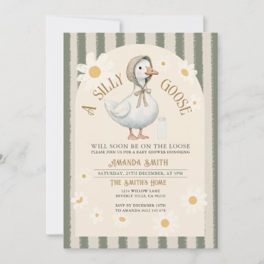 ホワイトデイジーグストライプリーンの可愛いガチョウ赤ちゃんシャワー 招待状 (正面)
