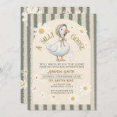 ホワイトデイジーグストライプリーンの可愛いガチョウ赤ちゃんシャワー 招待状 (正面/裏面)