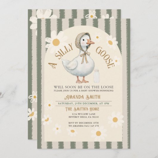 ホワイトデイジーグストライプリーンの可愛いガチョウ赤ちゃんシャワー 招待状 (正面/裏面)