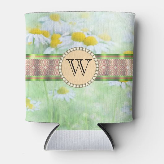 ホワイトデイジーズイングリーンメドウモノグラム 缶クーラー (正面)