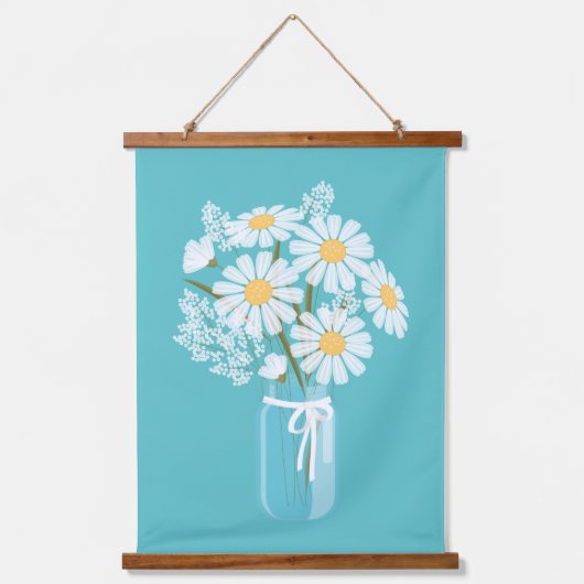 ホワイトデイジーズメイソンジャールオンティール（緑がかった色） 吊り下げ型タペストリー (正面)