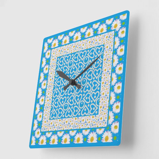 ホワイトデイジーチェーンのウォールクロック:ミックスンマッチ スクエア壁時計 (傾斜)