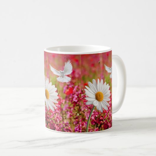ホワイトデイジードーブピンクフローラマグカップ コーヒーマグカップ (正面右)