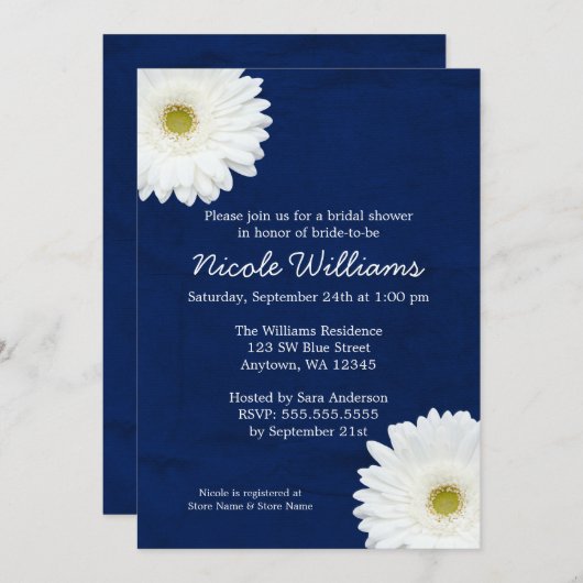 ホワイトデイジーネイビーブルーブライダルシャワー 招待状 (正面/裏面)