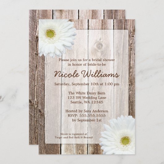 ホワイトデイジーバ素朴ーンウッドブライダルシャワー 招待状 (正面/裏面)