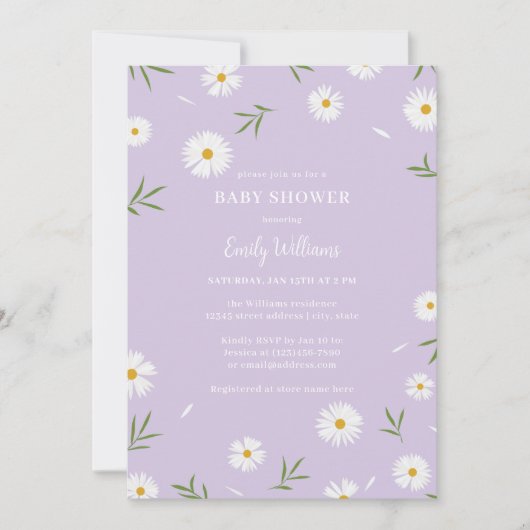 ホワイトデイジーパステルパープルミニマリストベビーシャワー 招待状 (正面)