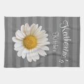 ホワイトデイジーパーソナライズされたグレストライプのー キッチンタオル (横)