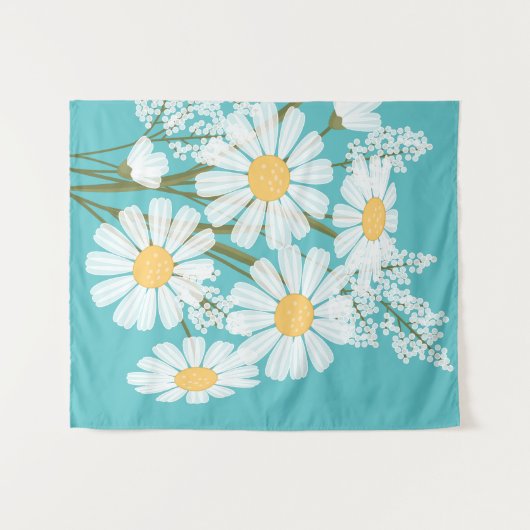 ホワイトデイジーフラワーズブーケオンティール（緑がかった色） タペストリー (正面(横))