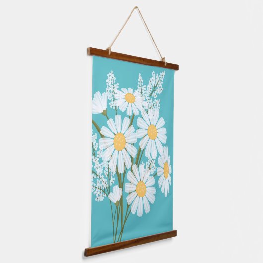 ホワイトデイジーフラワーズブーケオンティール(緑がかった色) 吊り下げ型タペストリー (傾斜あり)