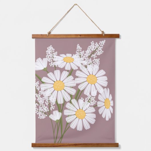 ホワイトデイジーフラワーズブーケオンローズブラウン 吊り下げ型タペストリー (正面)
