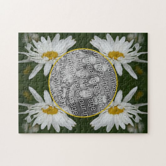 ホワイトデイジーフラワーフレーム自分の写真を追加 ジグソーパズル (横)