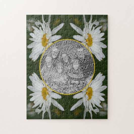 ホワイトデイジーフラワーフレーム自分の写真を追加 ジグソーパズル (縦)