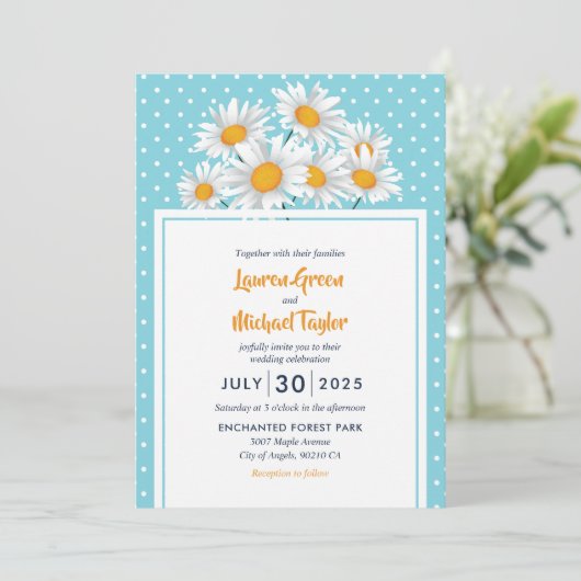 ホワイトデイジーフラワー水玉模様パターンフローラ結婚ズ 招待状 (スタンド正面)