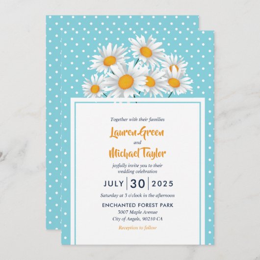 ホワイトデイジーフラワー水玉模様パターンフローラ結婚ズ 招待状 (正面/裏面)