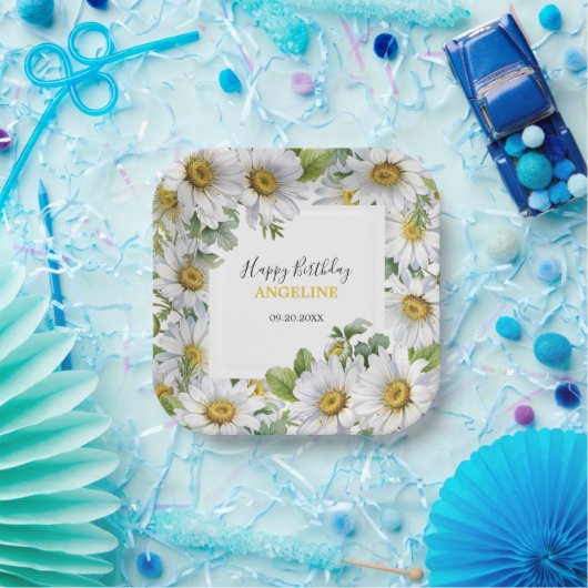 ホワイトデイジーフローラグリーンリー誕生日 ペーパープレート (パーティー)