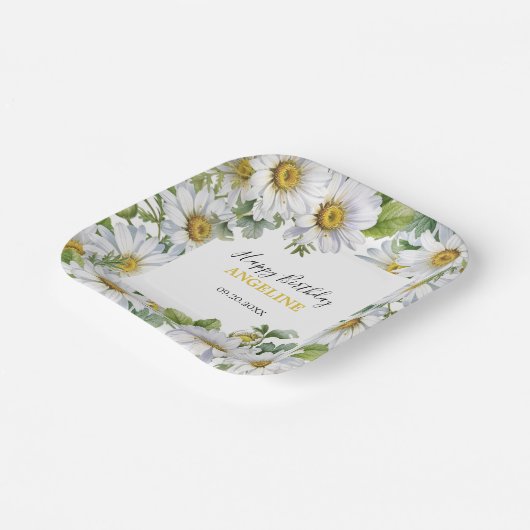 ホワイトデイジーフローラグリーンリー誕生日 ペーパープレート (傾斜あり)