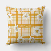 ホワイトデイジーフローラルパターンオンイエロージンガム クッション (裏面)