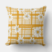 ホワイトデイジーフローラルパターンオンイエロージンガム クッション (正面)