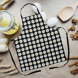 ホワイトデイジーフローラルパターンオンブラック エプロン