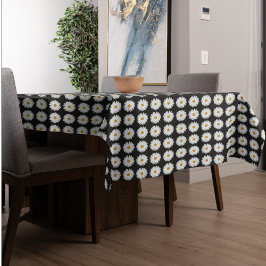 ホワイトデイジーフローラルパターンオンブラック テーブルクロス