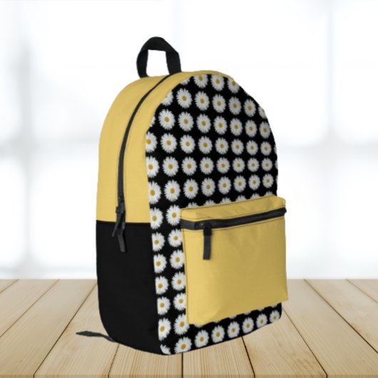 ホワイトデイジーフローラルパターンオンブラック プリントバックパック