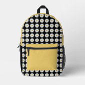 ホワイトデイジーフローラルパターンオンブラック プリントバックパック (正面)