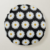 ホワイトデイジーフローラルパターンオンブラック ラウンドクッション (正面)