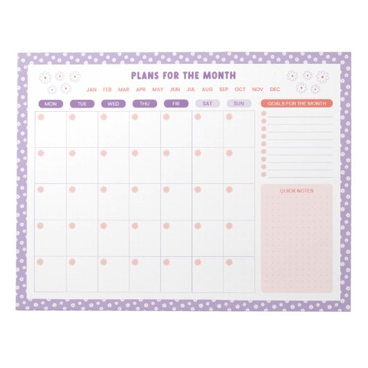 ホワイトデイジーフローラ毎月To Doリストプランナー ノートパッド (正面)