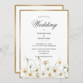 ホワイトデイジーフローラ水彩金ゴールド結婚ズ 招待状 (正面/裏面)