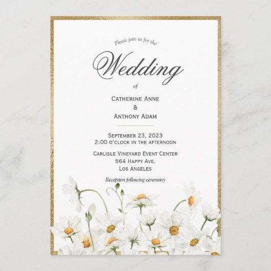ホワイトデイジーフローラ水彩金ゴールド結婚ズ 招待状 (正面)