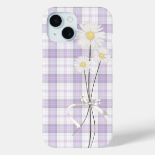 ホワイトデイジーブーケオンパープルプリド iPhone 15ケース