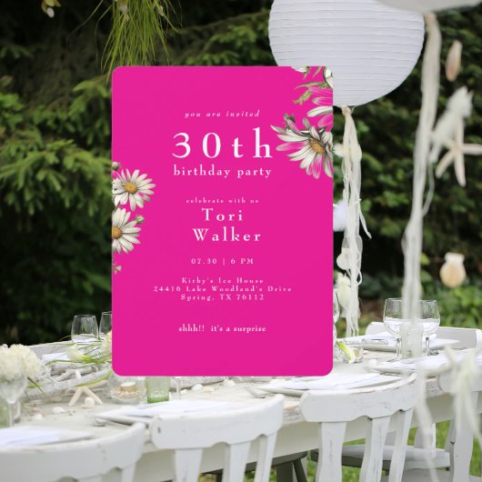 ホワイトデイジーホットピンクラウンドバースデーパーティー 招待状