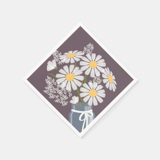 ホワイトデイジーメイソンジャールブーケダークパープルコーナー スタンダードカクテルナプキン (角)