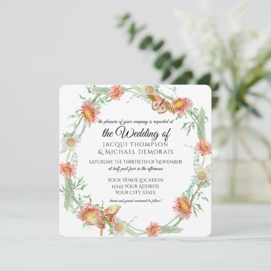 ホワイトデイジーラベンダーフラワーズバタフライフローラ 招待状 (スタンド正面)