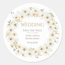 ホワイトデイジーリング水彩 おしゃれなSave the Date ラウンドシール
