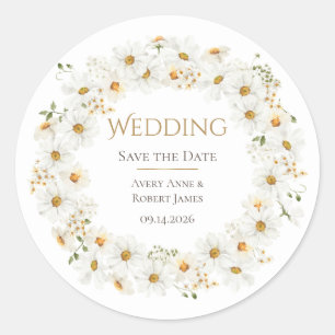 ホワイトデイジーリング水彩 おしゃれなSave the Date ラウンドシール