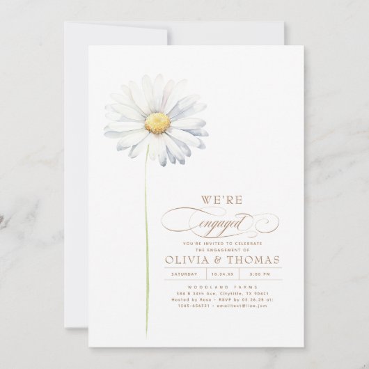 ホワイトデイジーワイルドフラワー婚約パーティ写真 招待状 (正面)
