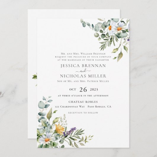 ホワイトデイジー伝統的結婚式招待状 招待状 (正面/裏面)