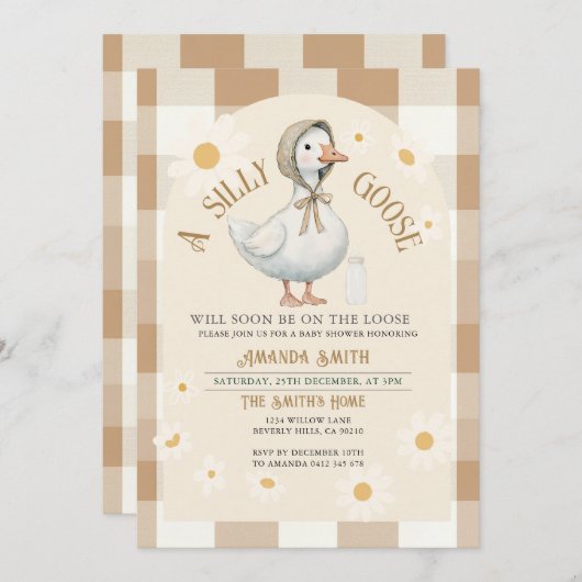 ホワイトデイジー水彩ガチョウ赤ちゃんシャワー 招待状 (正面/裏面)