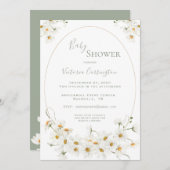 ホワイトデイジー水彩セージ赤ちゃんシャワー 招待状 (正面/裏面)
