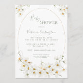 ホワイトデイジー水彩セージ赤ちゃんシャワー 招待状 (正面)