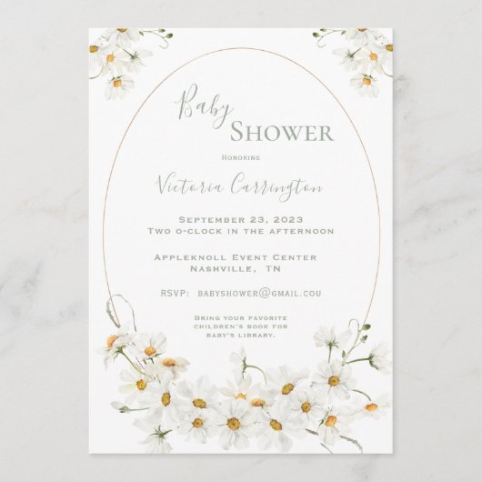ホワイトデイジー水彩セージ赤ちゃんシャワー 招待状 (正面)