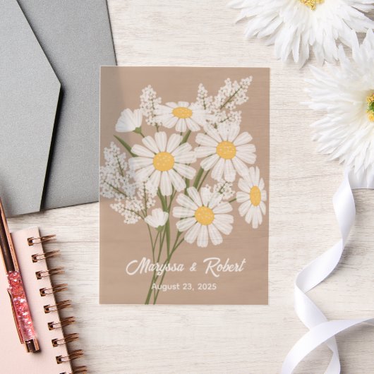 ホワイトデイジー結婚ズ記念日ベージュ挿入 ベラム紙招待状 (ウェディング)