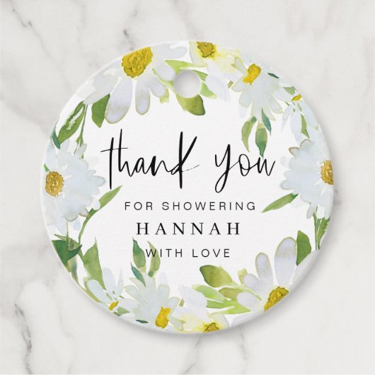 ホワイトデイジー赤ちゃんシャワーありがとう好意ギフトラベル フェイバータグ (正面)