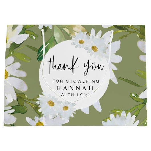 ホワイトデイジー赤ちゃんシャワーありがとう好意 ラージペーパーバッグ (正面)