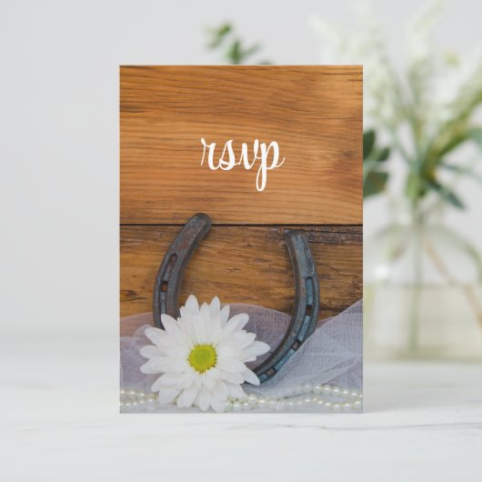 ホワイトデイジー蹄鉄カントリーウェディングRSVPカード 出欠カード (スタンド正面)