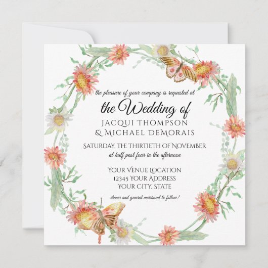 ホワイトデイジー金ゴールドイエローnコーラルバタフライフローラ 招待状 (正面)