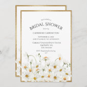 ホワイトデイジー金ゴールドフローラ水彩ブライダルシャワー 招待状 (正面/裏面)