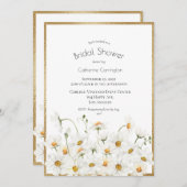ホワイトデイジー金ゴールドフローラ水彩ブライダルシャワー 招待状 (正面/裏面)